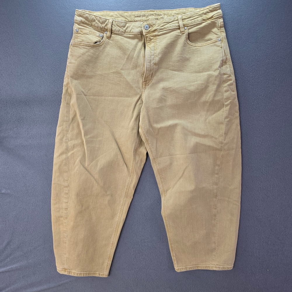 American Eagle Barrel Jeans Womens 18 Short Mustard Tan Stretch High Rise Crop
